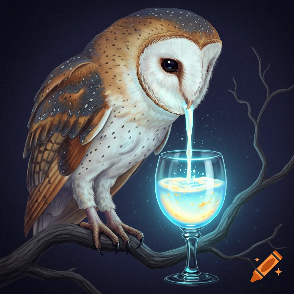 A barn owl drinking glowing liquid from its beak into a glass on a branch.