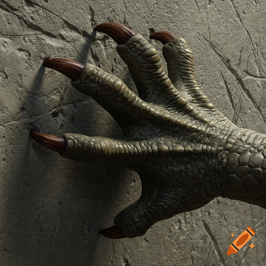 Close-up of a scaly dinosaur claw digging into a rock wall.