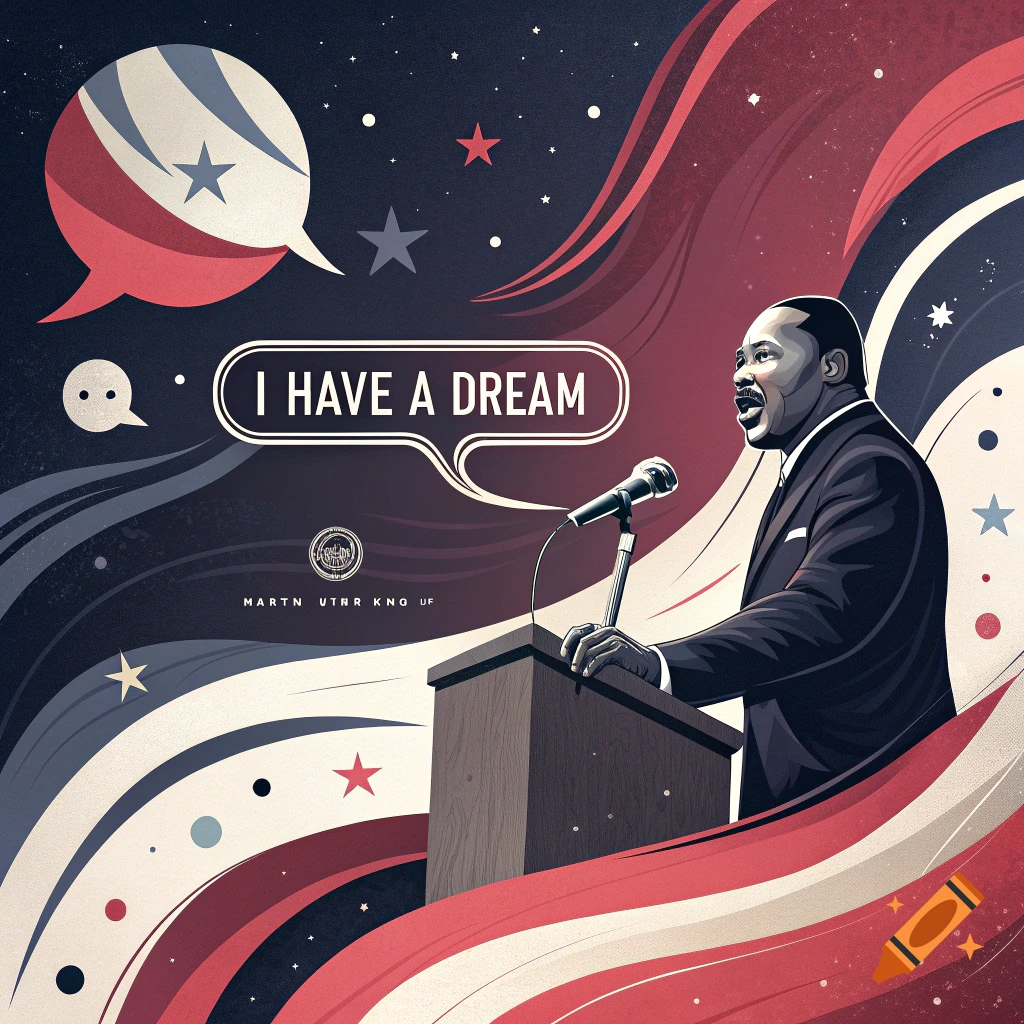 Abstract illustration of Martin Luther King Jr. giving his 'I Have a Dream' speech under an abstract patriotic sky.