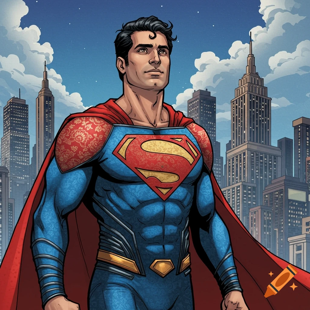 Superman standing in a city looking up