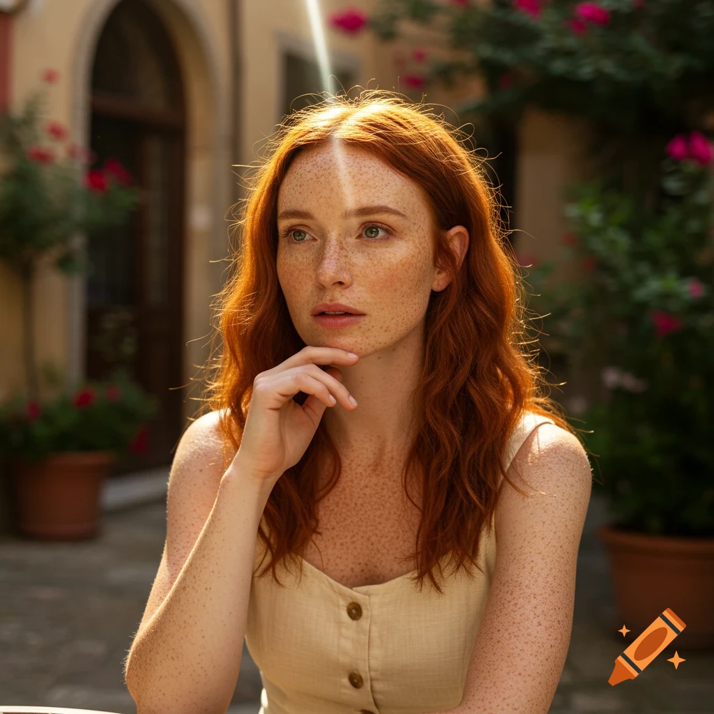 Photorealistic portrait of a young woman with red hair and freckles touching her chin outdoors.