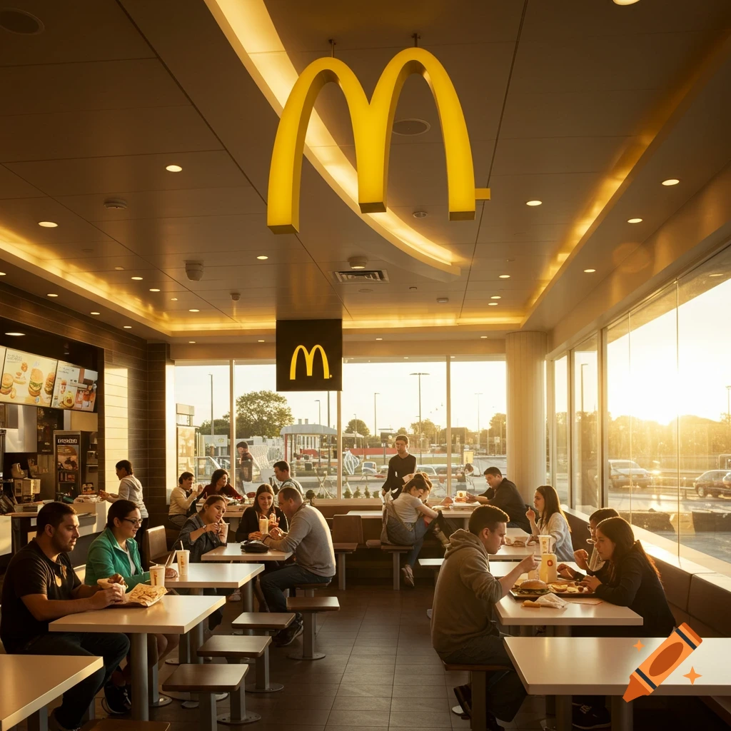 Interior of a busy McDonald's restaurant with people eating at tables and a large yellow M logo hanging from the ceiling.