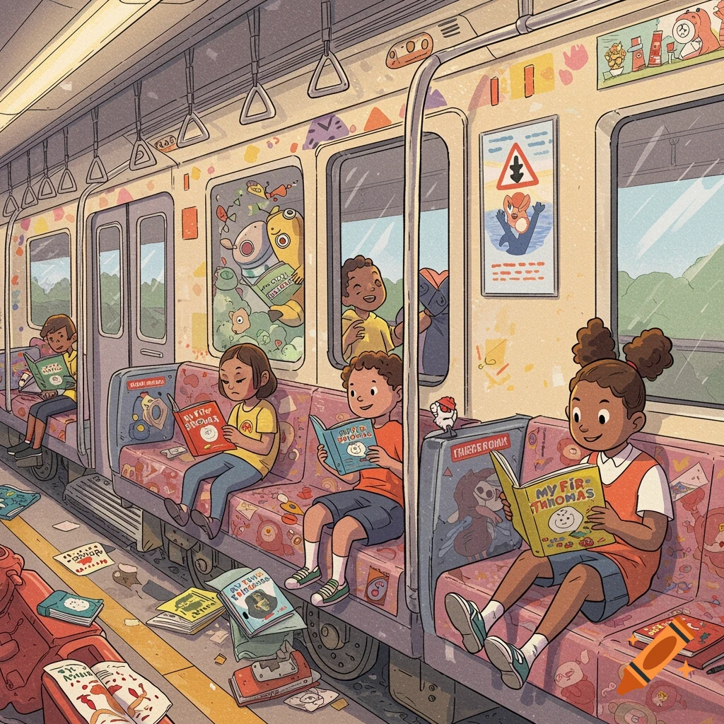 Illustration of diverse children reading books on a colorful subway train.