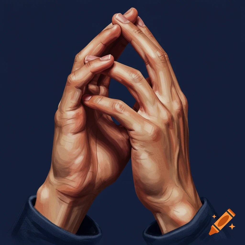 Two hands with fingers interlocked against a dark background.