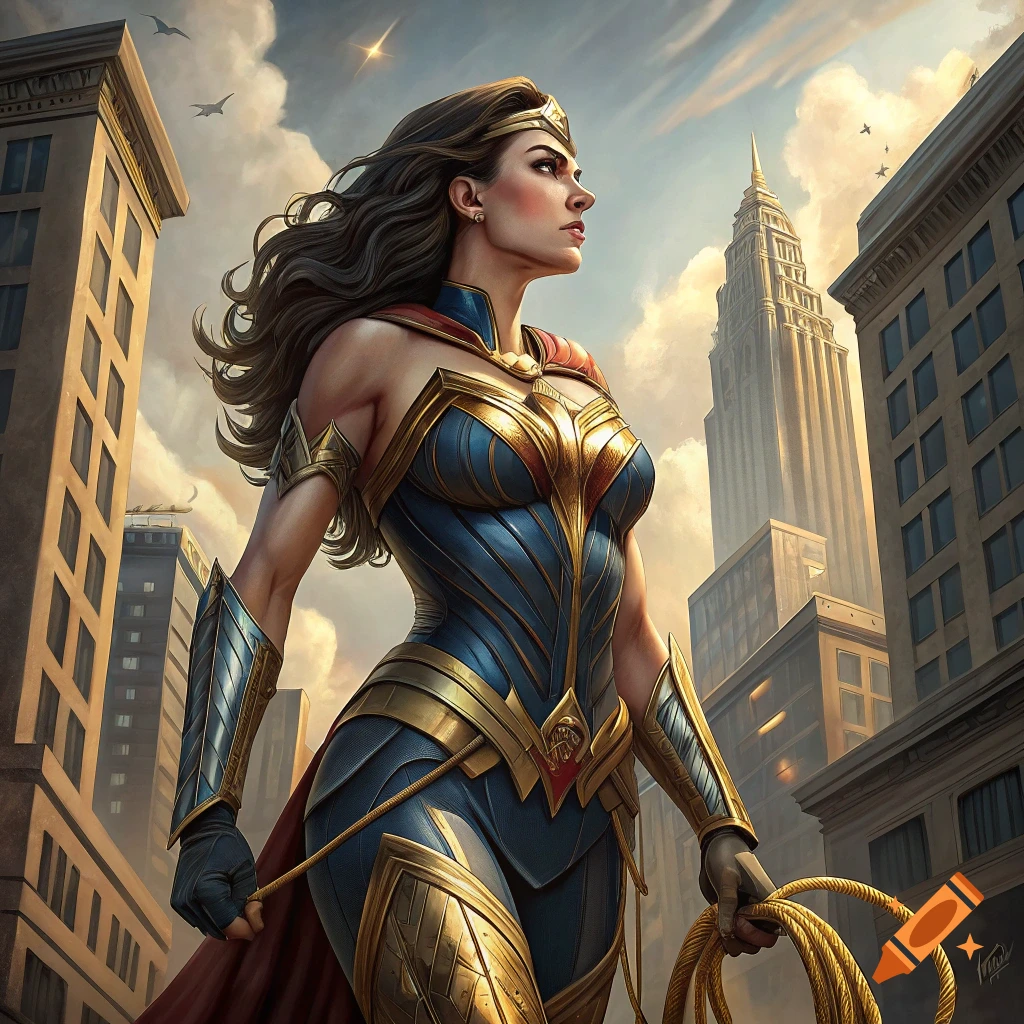 Woman in blue and gold superhero costume stands in city street, holding a golden lasso, looking away.