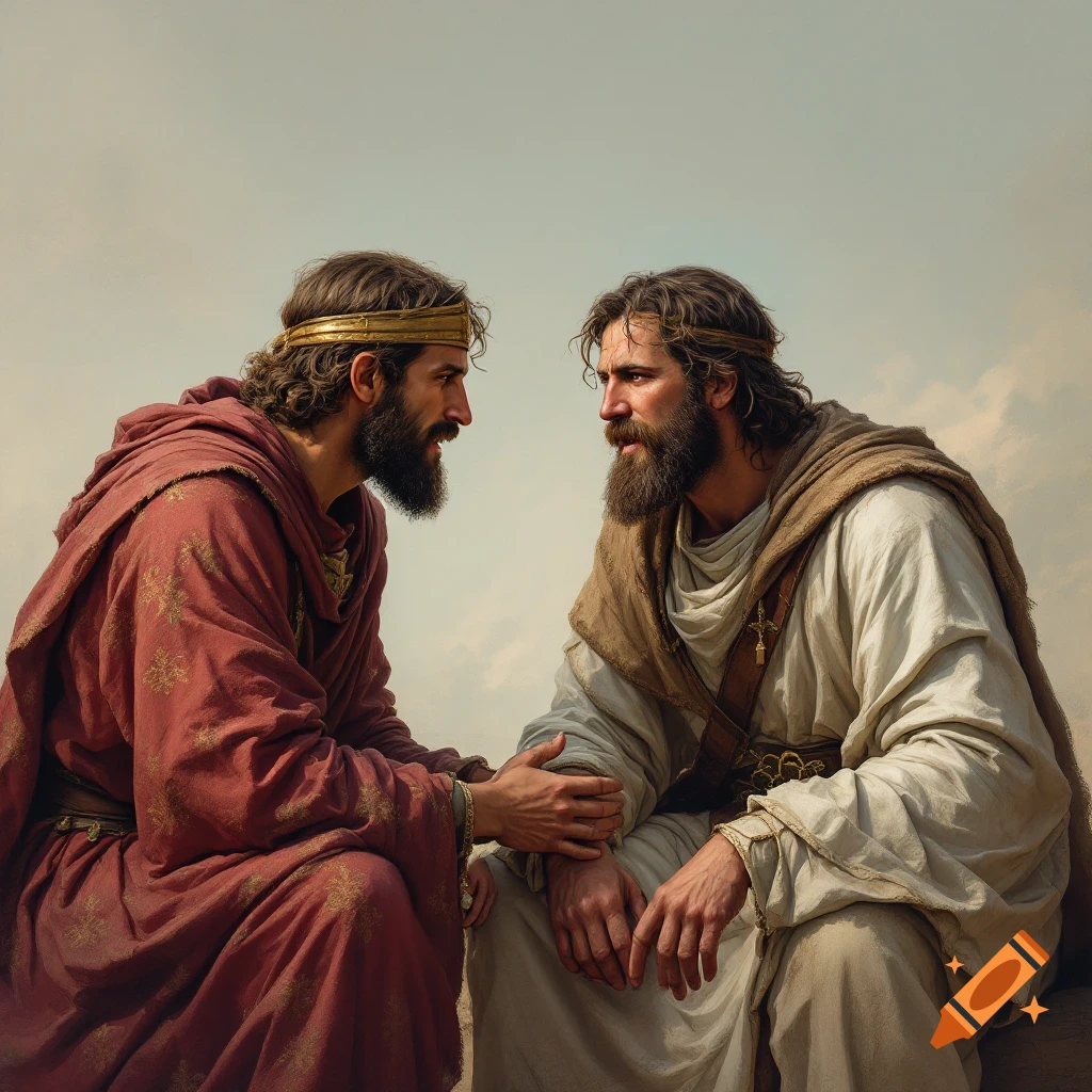 Two men in ancient robes talking.