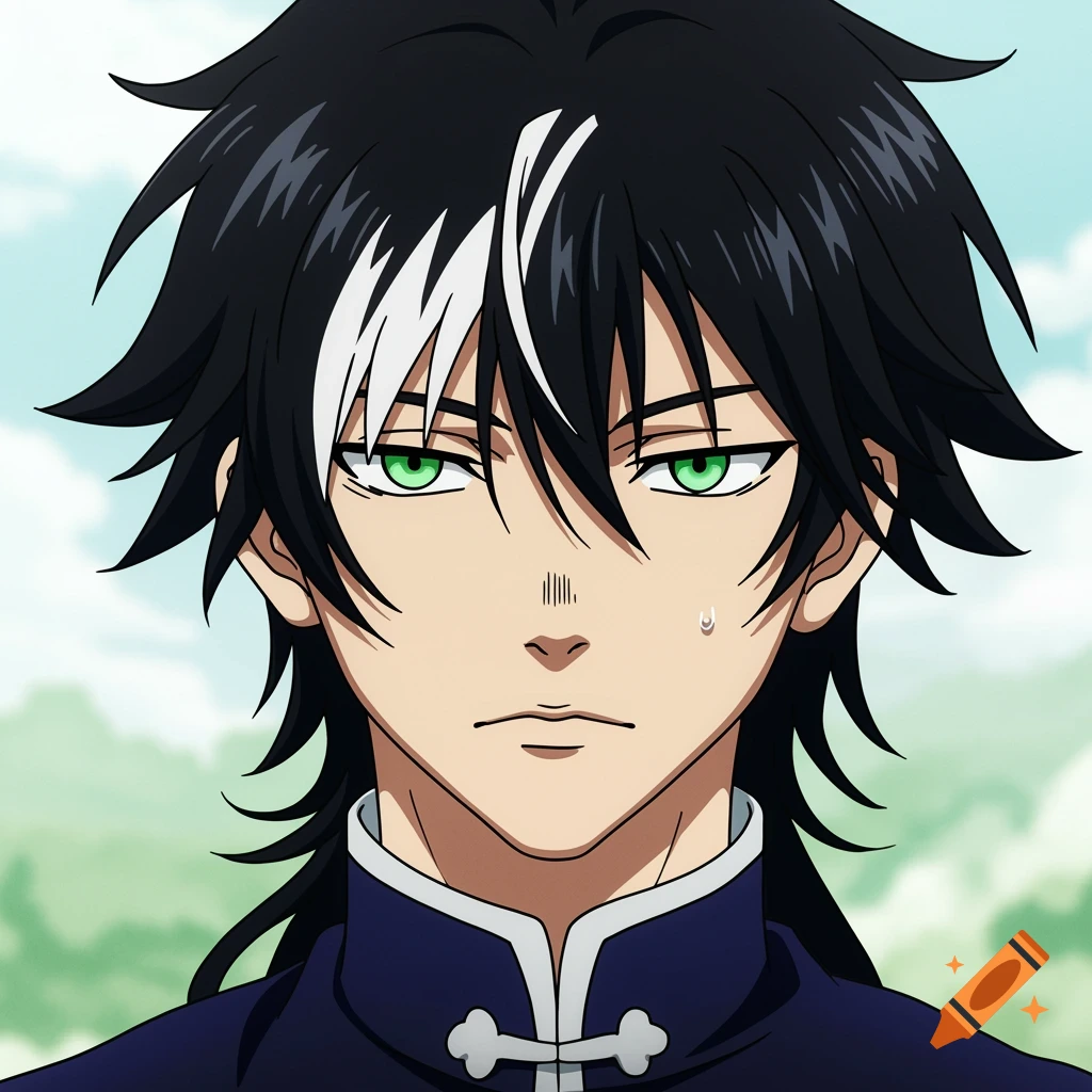 Anime portrait of a character with black spiky hair, white streak, green eyes, and a dark blue collar shirt.