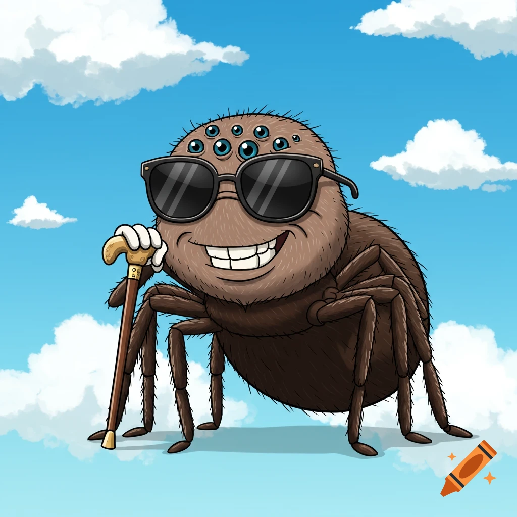 A cartoon elder spider wearing sunglasses and holding a walking cane stands against a blue sky with clouds.