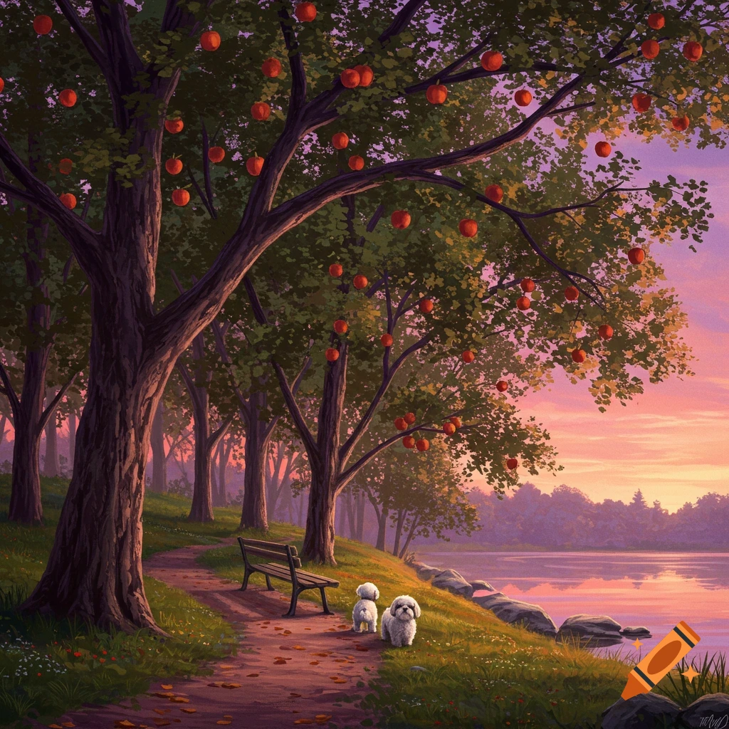 Two white dogs are sitting by a park bench near a lake at sunset with apple trees.