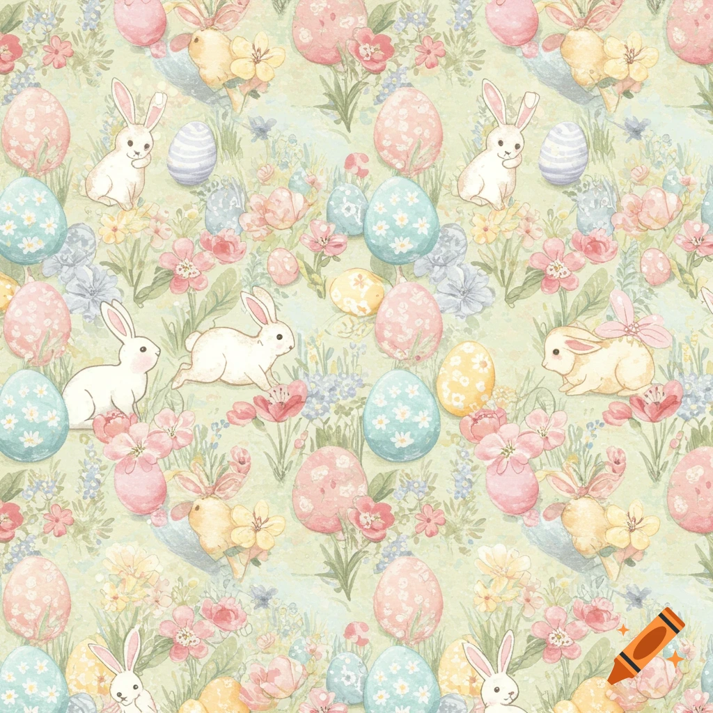 Seamless pattern of bunnies, Easter eggs, and flowers in pastel watercolor