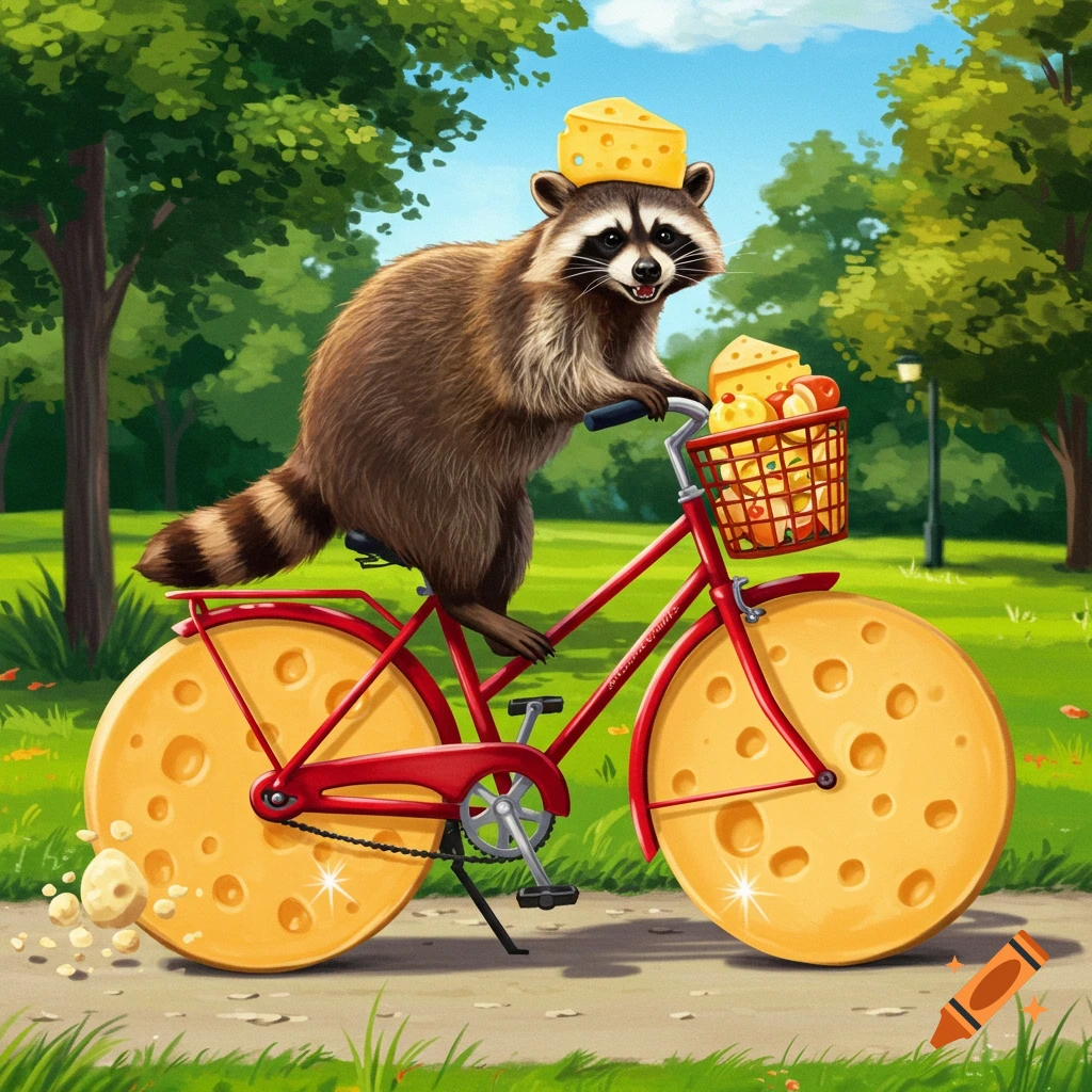 A raccoon riding a bicycle with cheese wheels and wearing a cheese hat in a park.