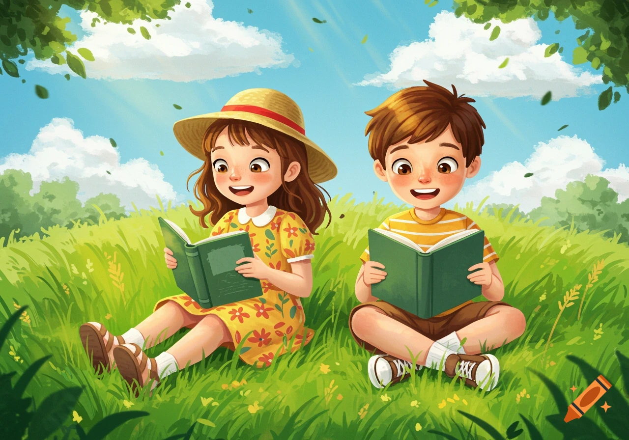 Illustration of two children reading books in a sunny grassy field.