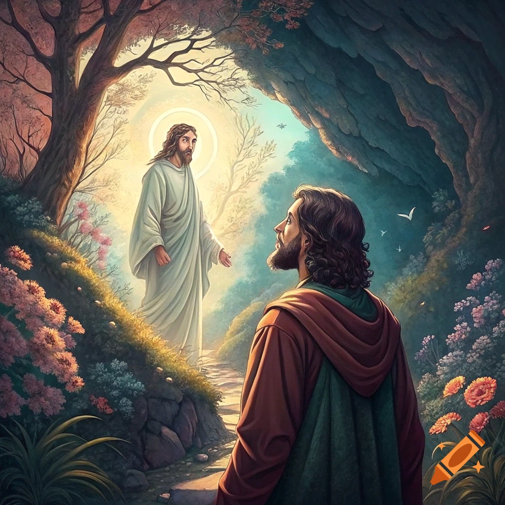Figure looks up at Jesus on a luminous path in a forest, illustrative style.