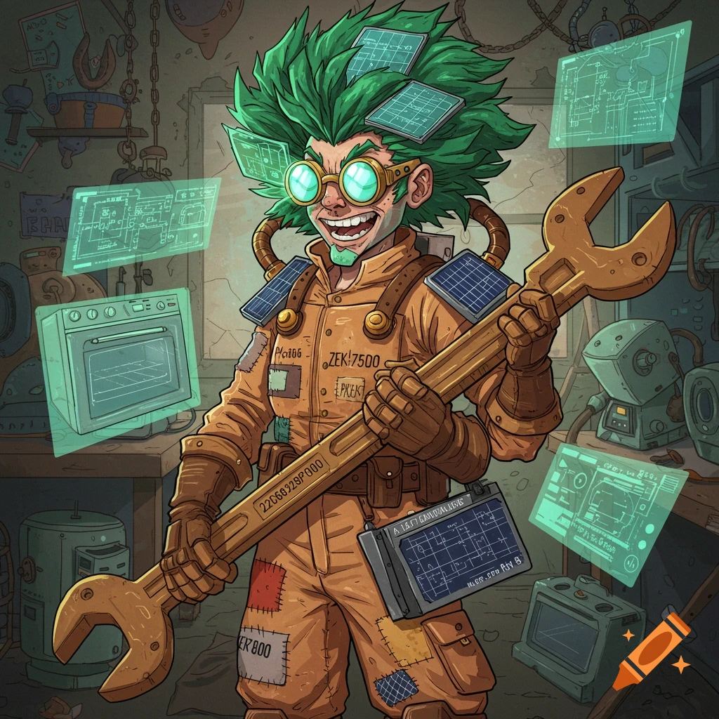 A cartoon steampunk inventor with wild green hair and goggles holds a giant wrench in a cluttered workshop with holographic screens.
