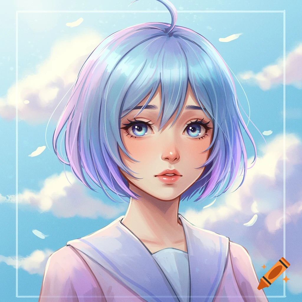 Anime girl with blue and purple hair in a uniform against a cloudy sky.