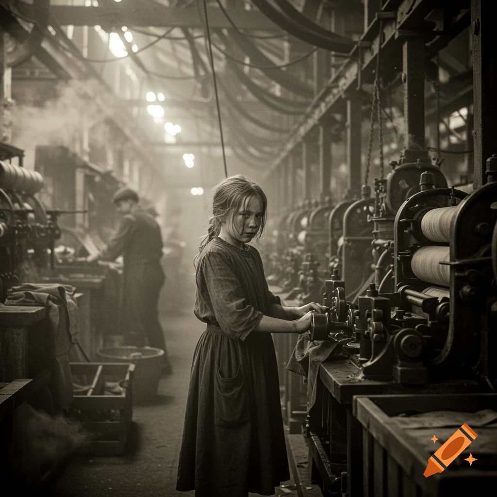 Black and white photo of a young girl working in a dusty industrial revolution factory.