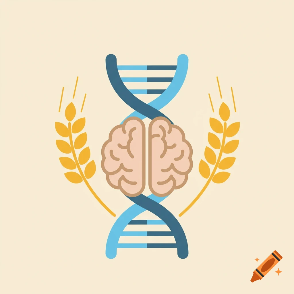 A vector illustration of a brain over a DNA helix with wheat stalks on either side.