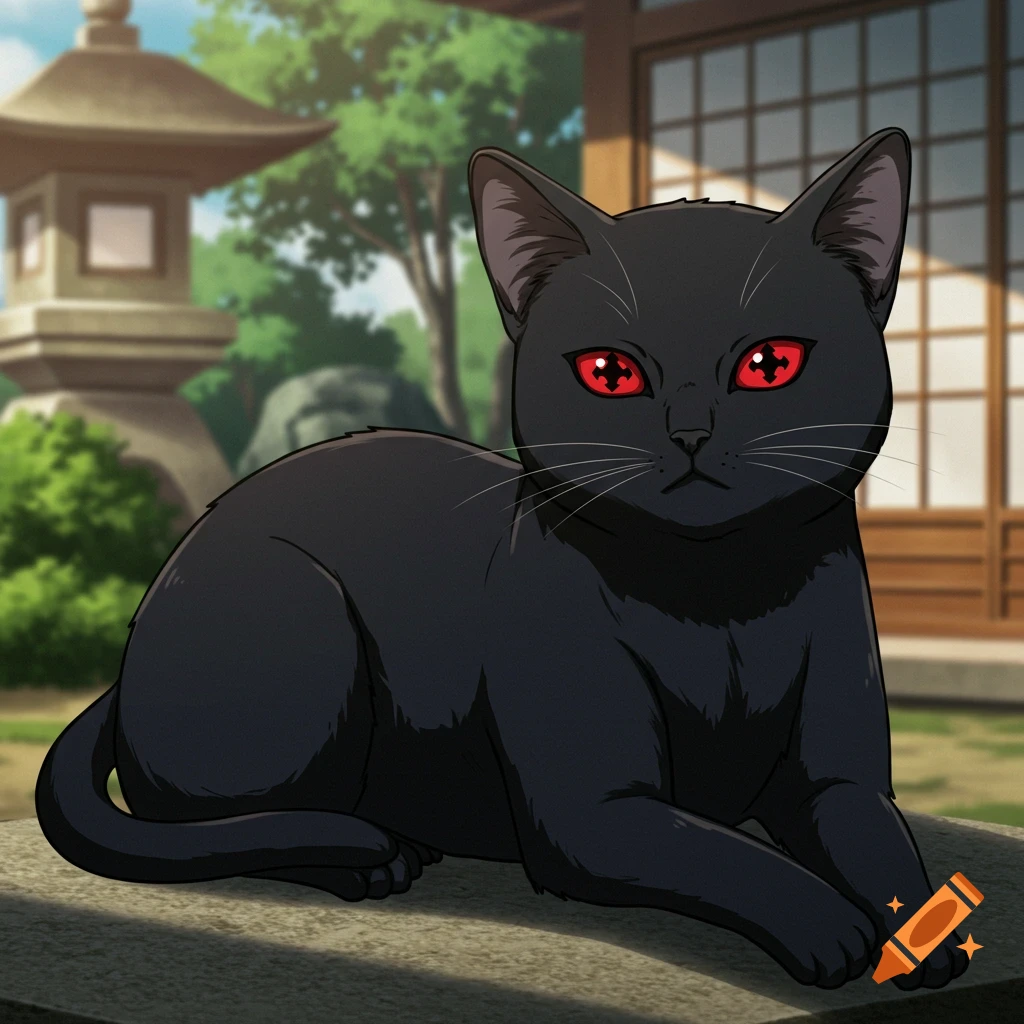 An anime style black cat with red eyes sits in a Japanese garden.