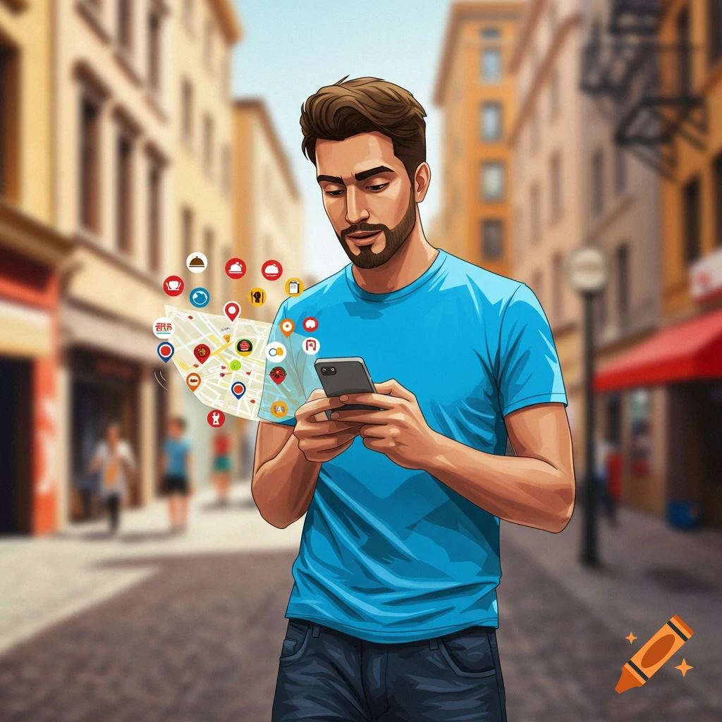 A man is shown looking at his phone, with a map and food icons floating next to it. He is standing on a city street.