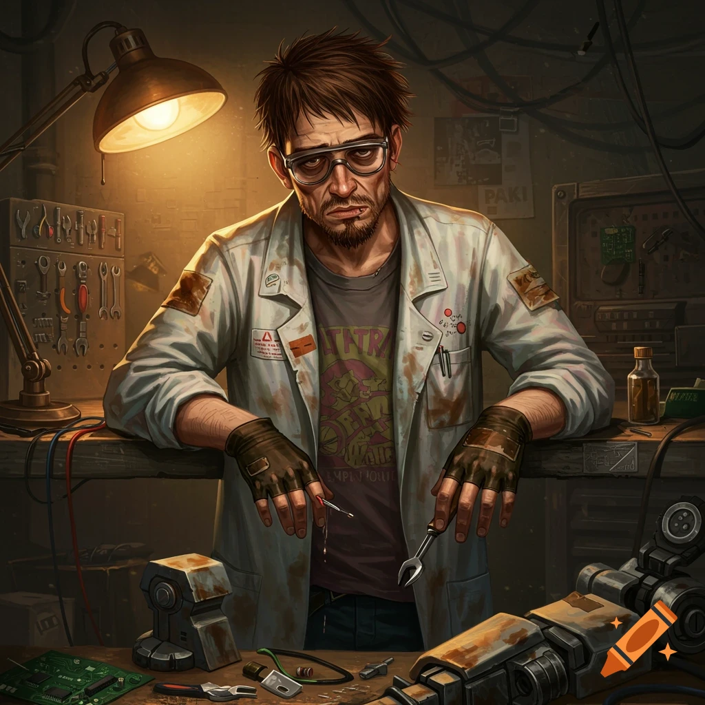 A tired roboticist in a cluttered workshop, leaning on a bench holding tools.