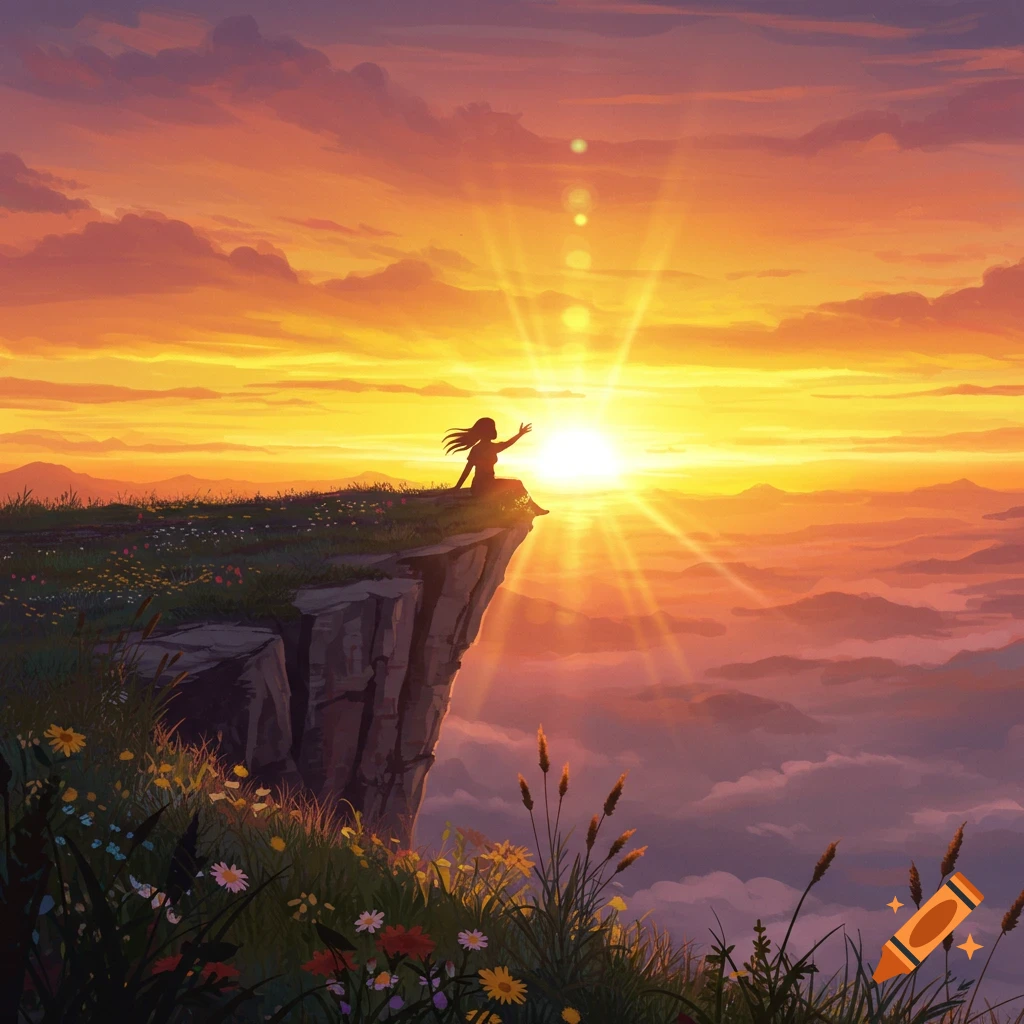 A figure silhouetted on a cliff edge reaching towards a vibrant sunset.