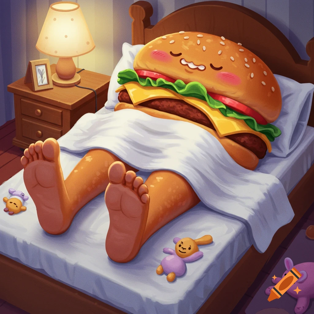 Cartoon cheeseburger character with large feet sleeping in a bed in a bedroom.