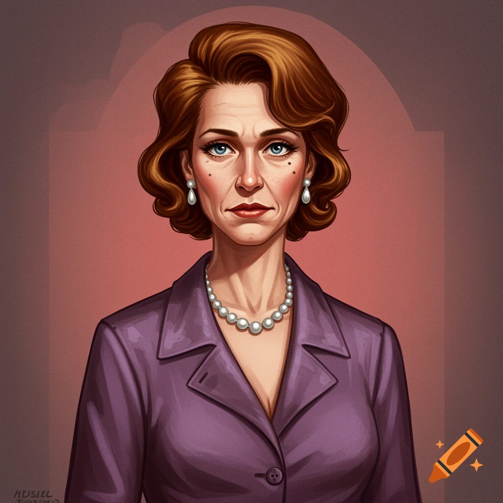 A woman is wearing a purple blazer and pearl necklace and earrings.
