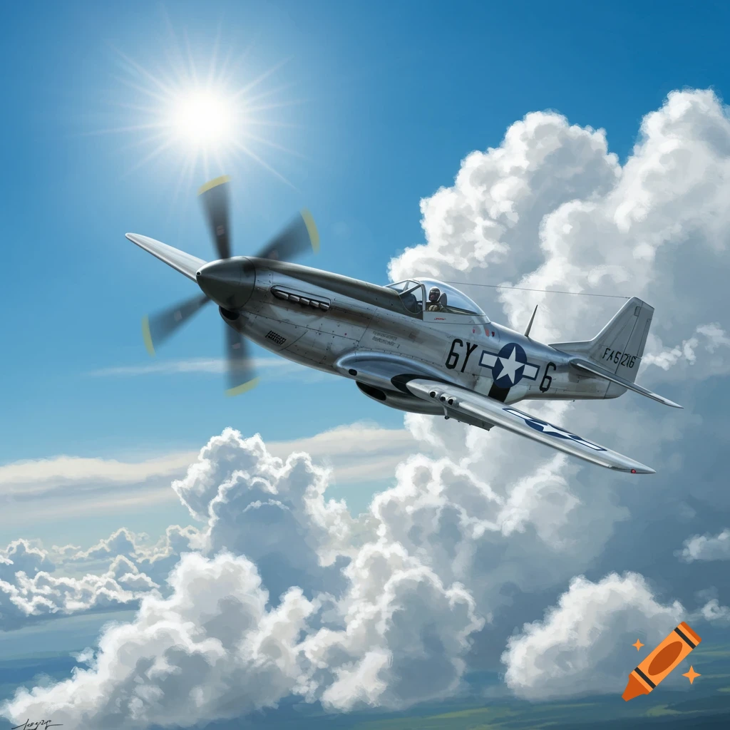 A silver P-51 Mustang airplane flying through clouds in a sunny blue sky.