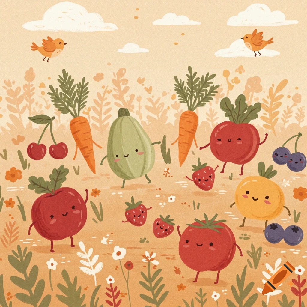 Cute cartoon fruits and vegetables with faces walking in a field.