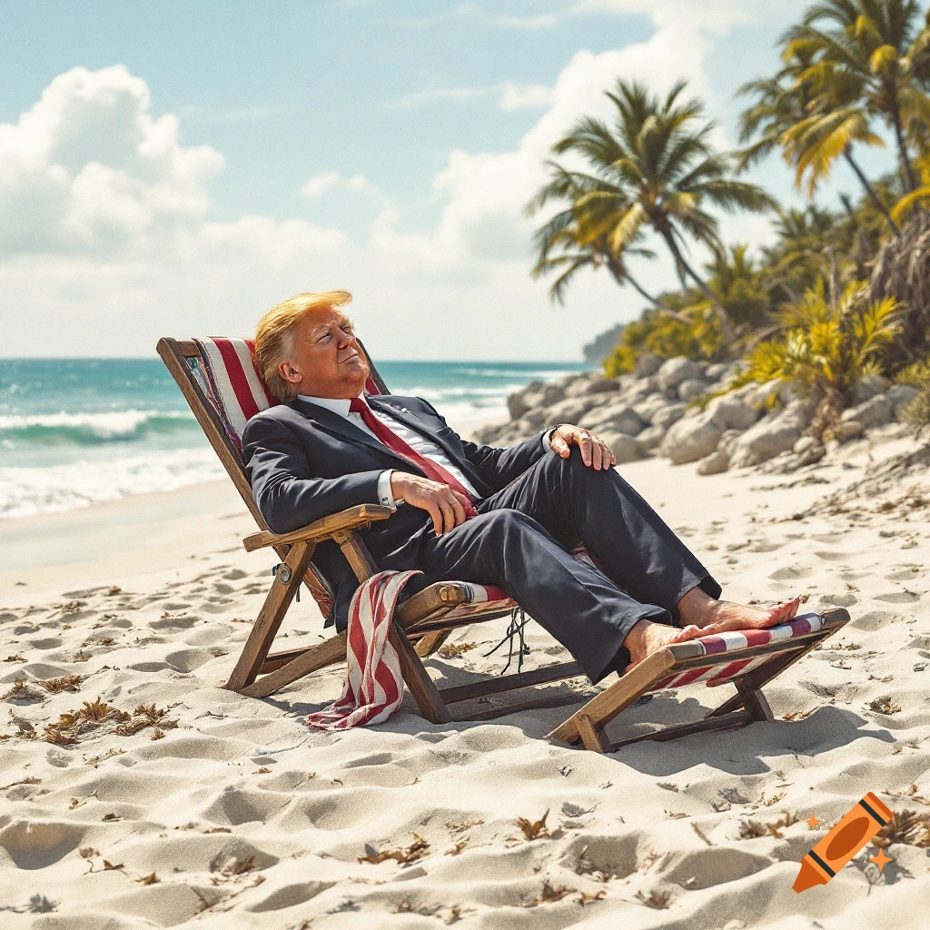 Photorealistic image of Donald Trump in a suit lounging on a beach chair on a sunny beach with palm trees and ocean.