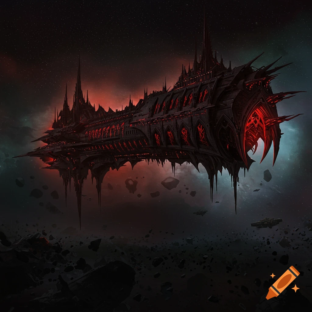 A dark gothic spaceship in space surrounded by asteroids.