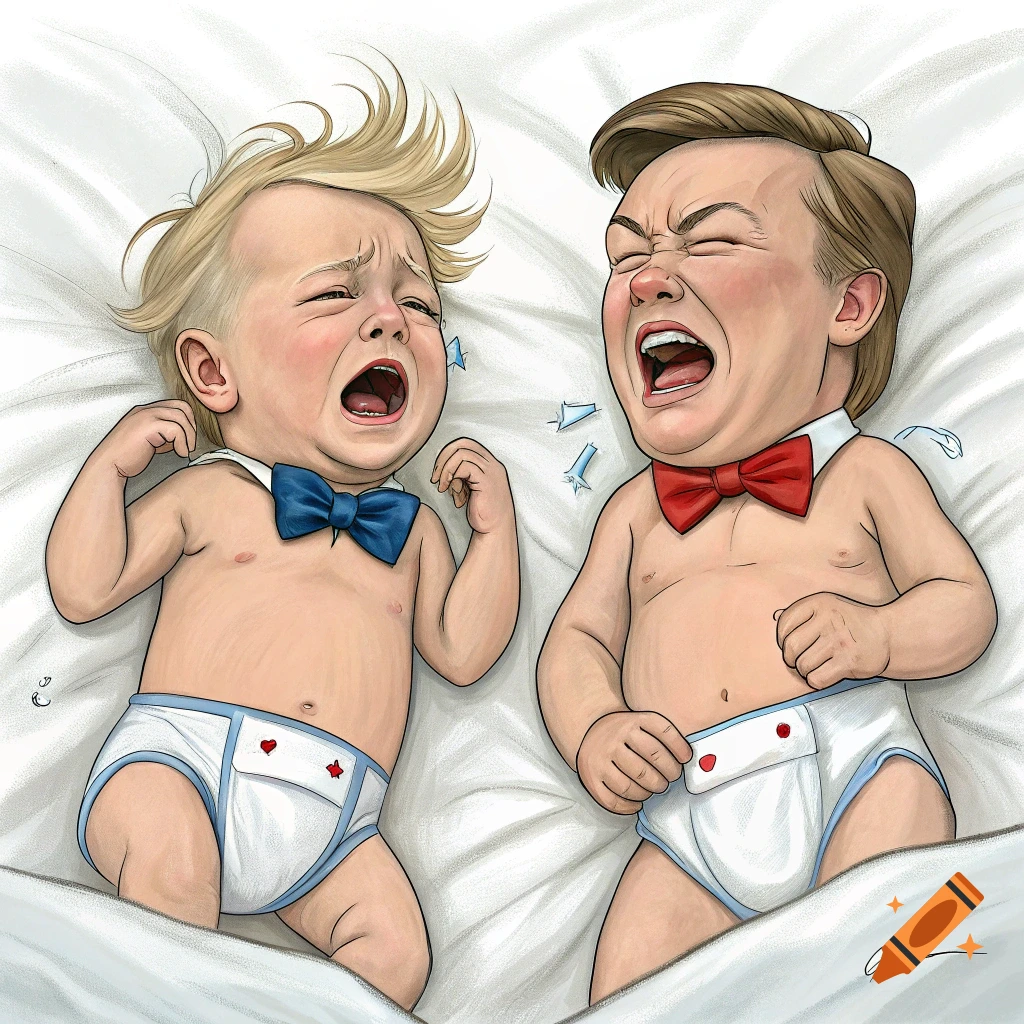 Caricature illustration of two crying babies resembling Donald Trump and Elon Musk in diapers and bow ties.