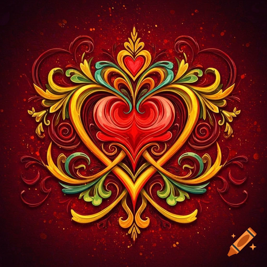 A vibrant, intricate heart symbol with swirling decorative elements in red, gold, yellow, and green on a textured red background.
