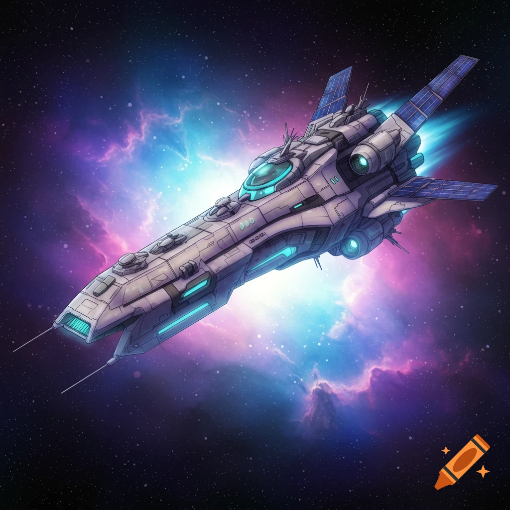 A futuristic spaceship flying through a colorful nebula in space.