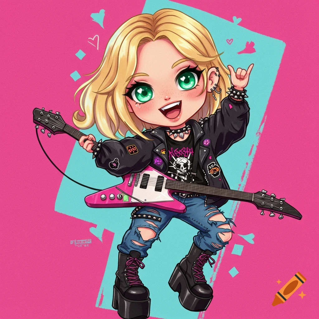 Chibi blonde girl in rocker clothes plays a pink guitar.