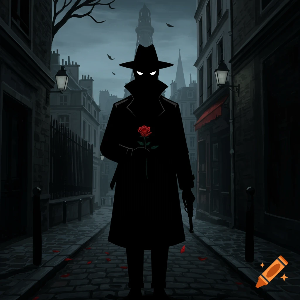 Cartoon silhouette of figure in trench coat holding a rose and gun on a dark city street.