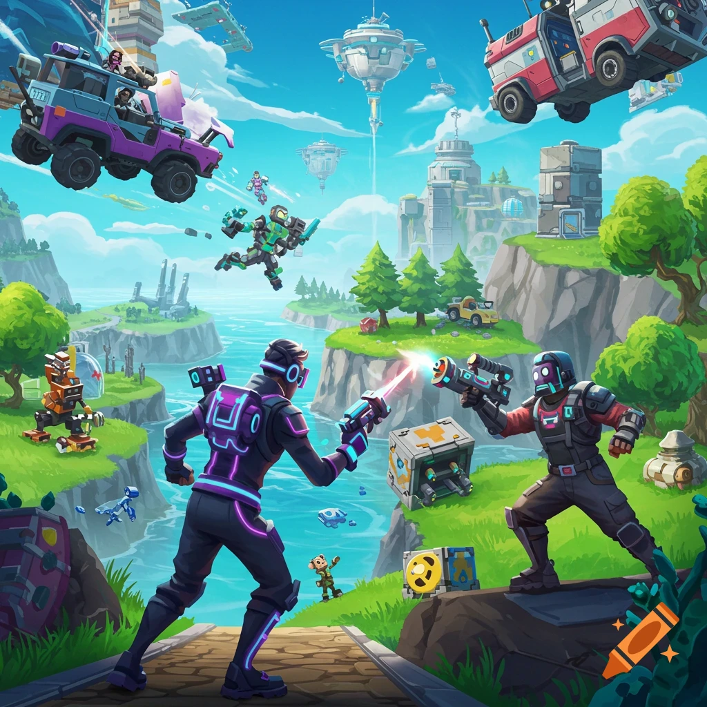 A colorful Fortnite-style battle scene with characters, vehicles, and futuristic buildings.