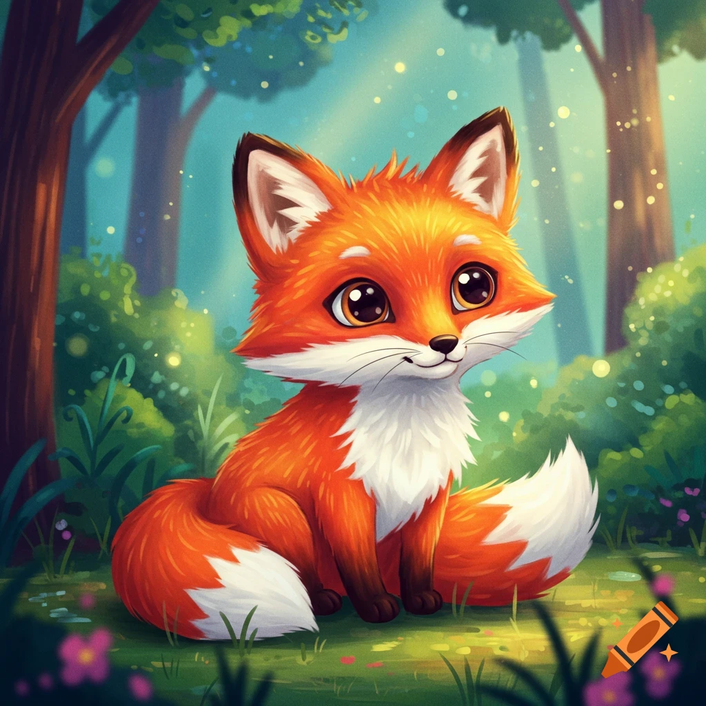 A cute cartoon fox sits in a forest clearing.
