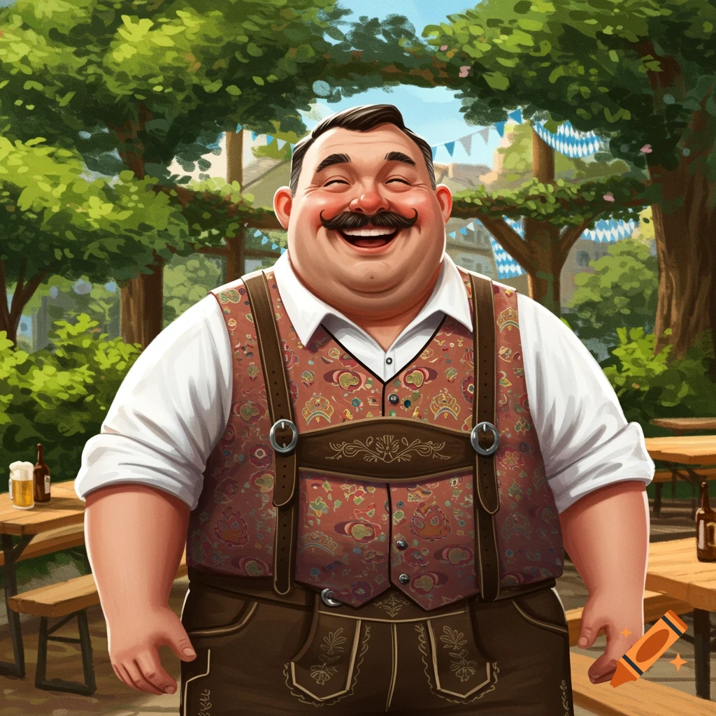 A stout German man in lederhosen laughs heartily in a sunny beer garden.