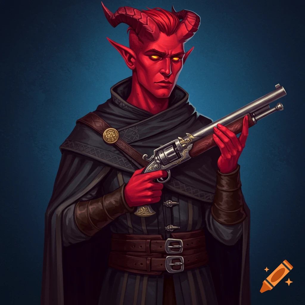 A red-skinned Tiefling character in a cloak holding an old-fashioned pistol.