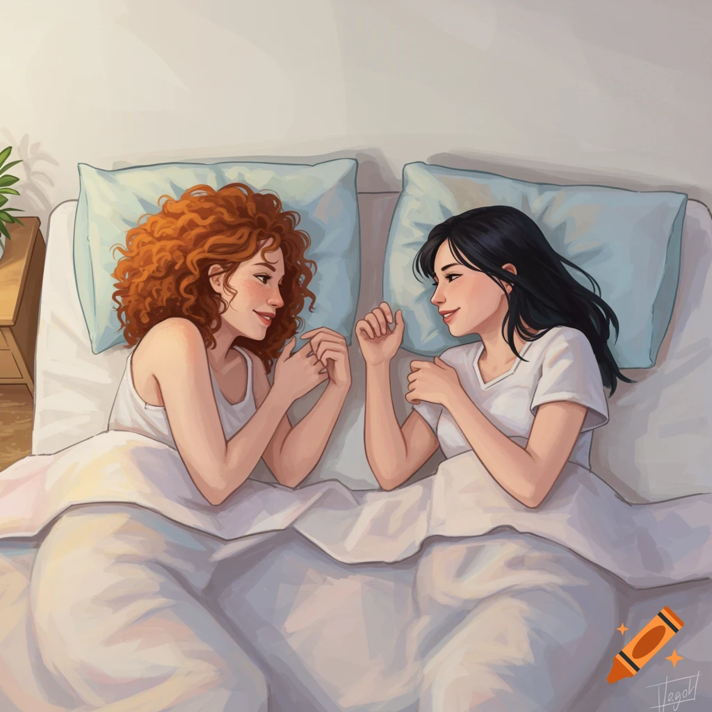 Two women, one with red curly hair, one with black straight hair, lying in bed, holding hands and smiling at each other.