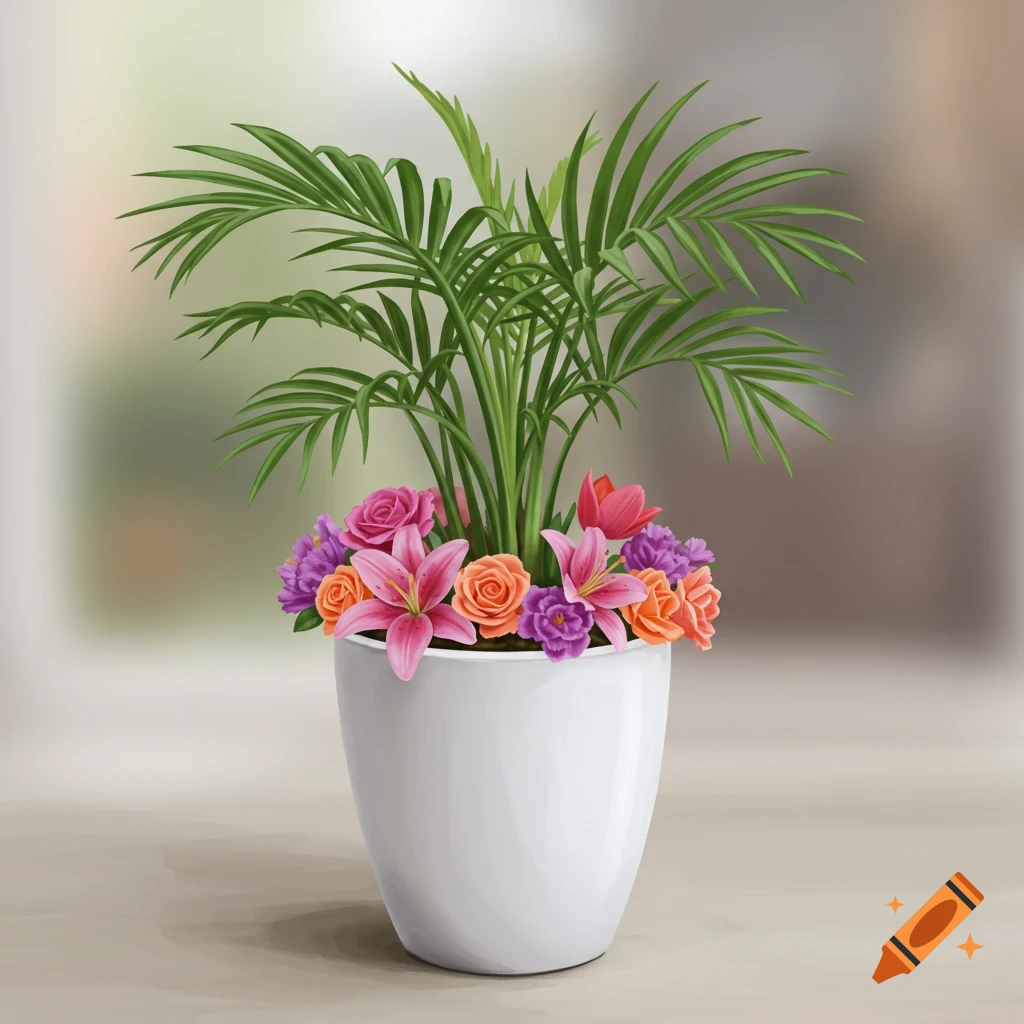 A ponytail palm and colorful roses, lilies, and other flowers are in a white pot.