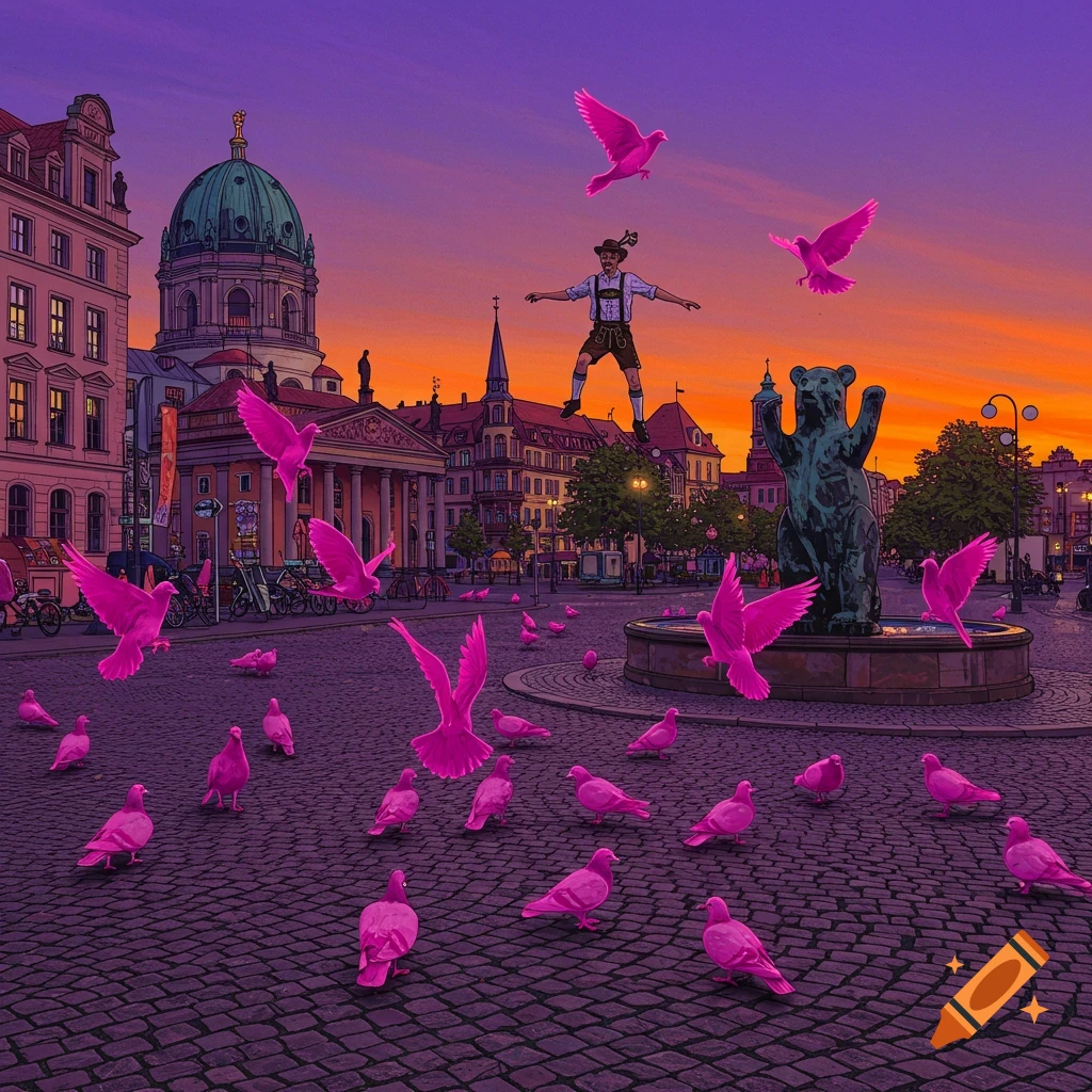 A strange street scene in Berlin with bright pink pigeons and a man in lederhosen balancing on a rooftop.