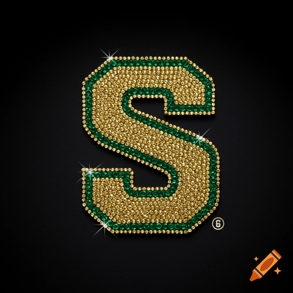 A large letter S made of gold rhinestones with a green rhinestone outline against a black background.