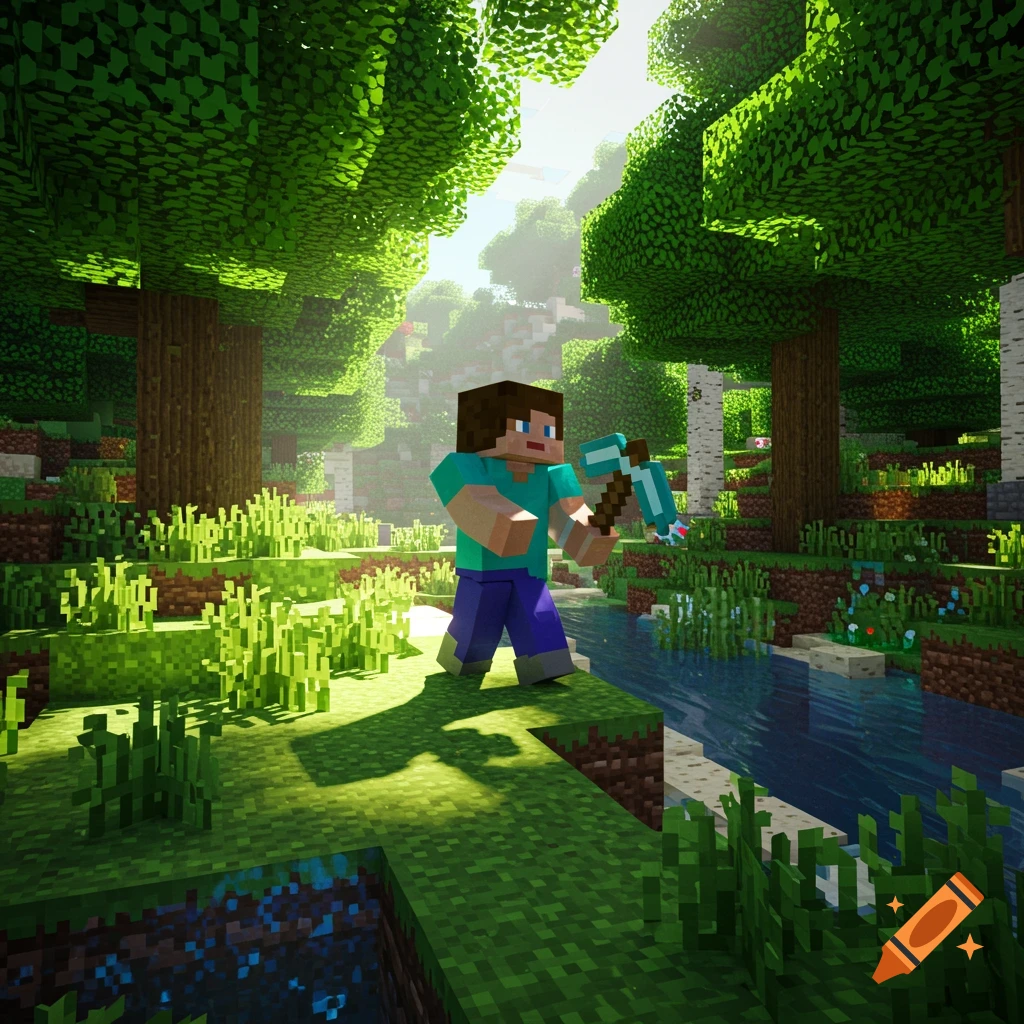A Minecraft character stands in a lush forest with a river, holding a pickaxe. Sunlight streams through the trees.