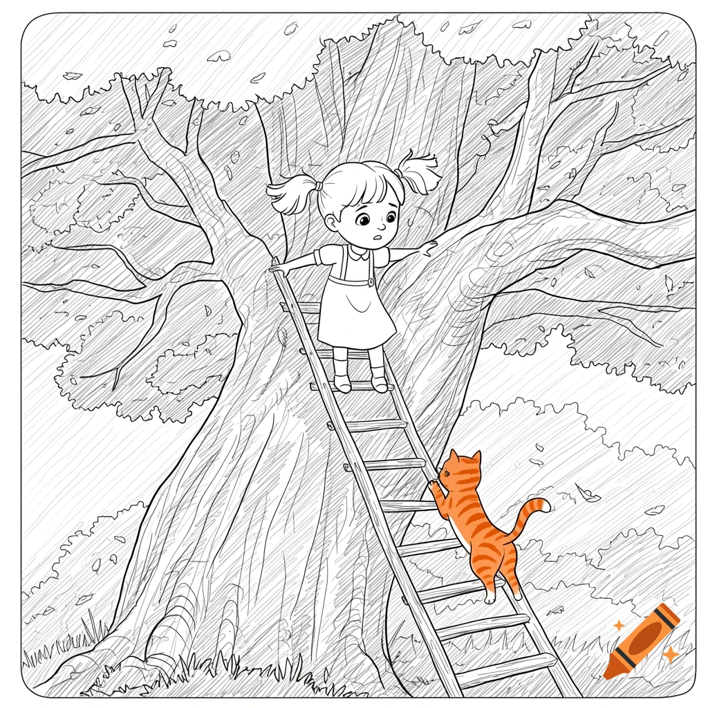 Line drawing coloring page of a girl on a ladder in a tree and a cat climbing towards her.