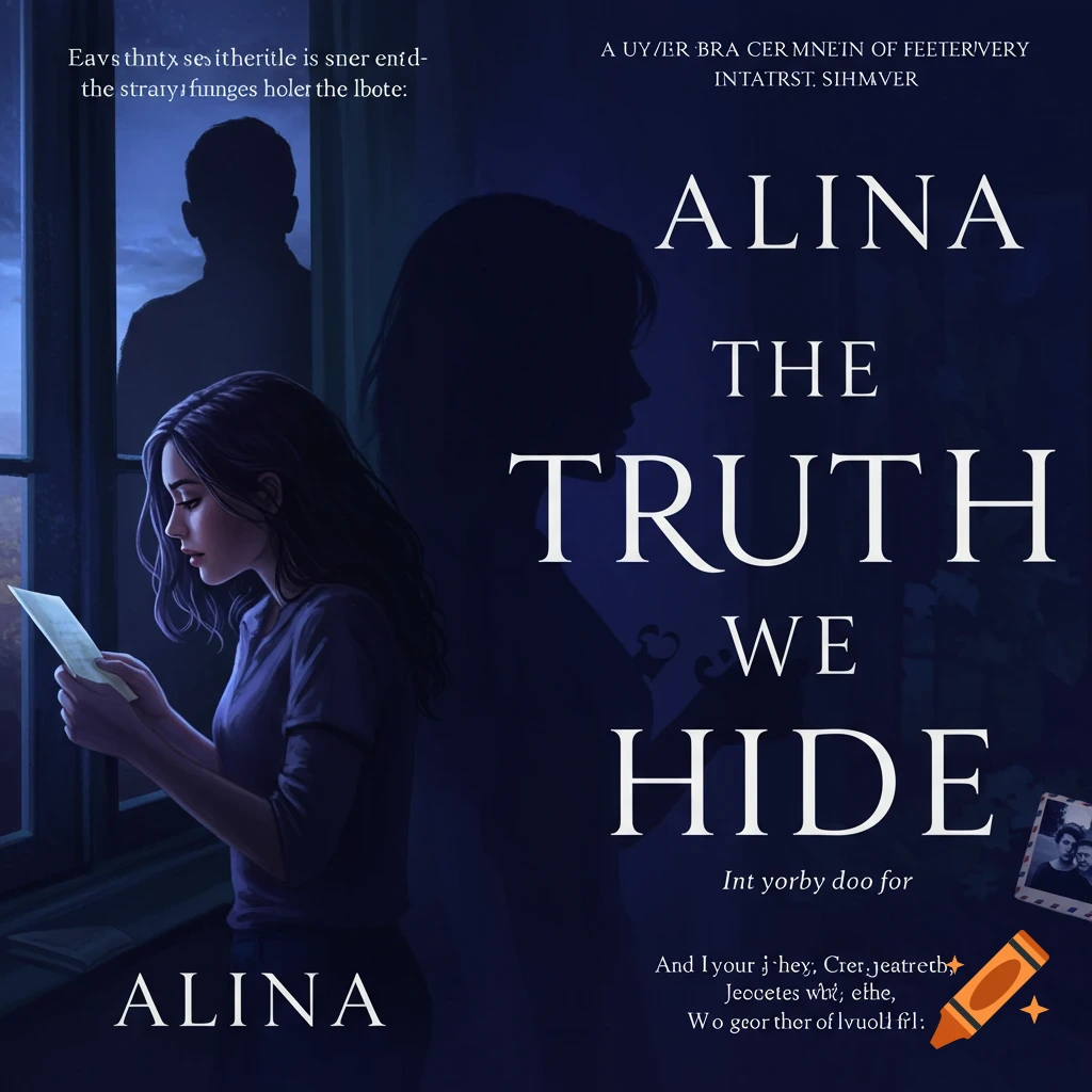 Painting of a woman looking at a letter by a window with a shadowy figure in the background. Title text reads 'ALINA THE TRUTH WE HIDE'.