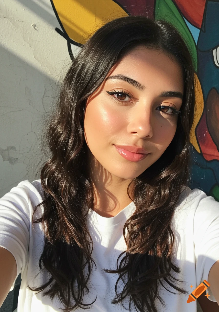 Selfie of a young woman with dark wavy hair and makeup, sunlight casting shadows on her face, standing in front of a colorful mural.