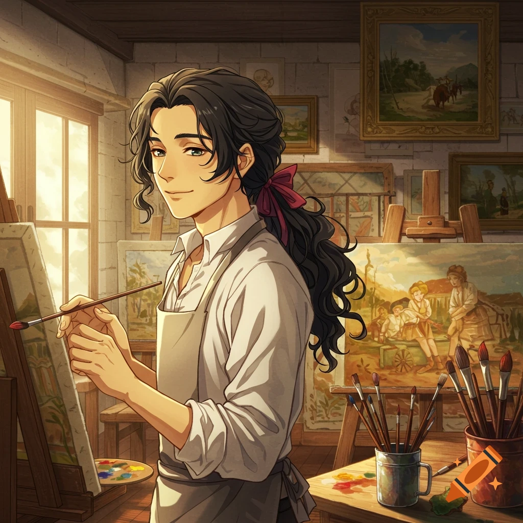 An anime-style young man with long dark hair paints on an easel in a sunlit art studio filled with paintings.