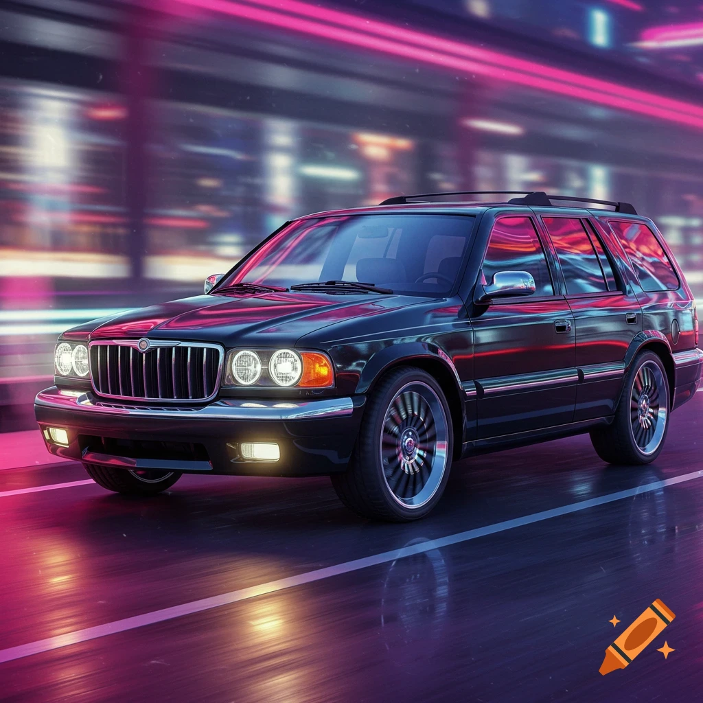 A black station wagon drives on a wet street at night with neon reflections